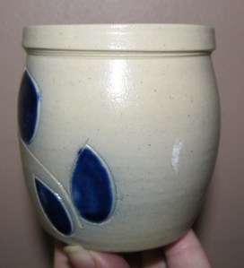 This is my go-to for when I need to take a little bit of butter. (I'm' not a big butter person) It is just a few inches tall. The way the mouth turns in with the lip is good for covering and tying. I would also use this shape for soft or pounded cheeses in small quantities.  When Lily was small, this was her preferred cup.  This is a Williamsburg gift shop piece. We sold them for a short time at GCV. They were/are relatively inexpensive.  I have a few of these. 